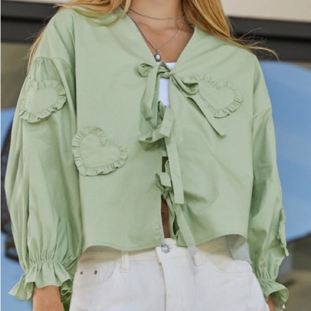 Oddi Tie-Front Blouse with Heart Accents